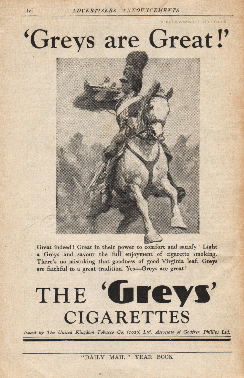 1937 Greys Cigarettes - unframed vintage ad