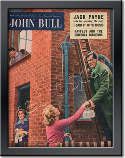 1955 January John Bull Vintage Magazine man on ladder fixing frozen pipes  - framed example