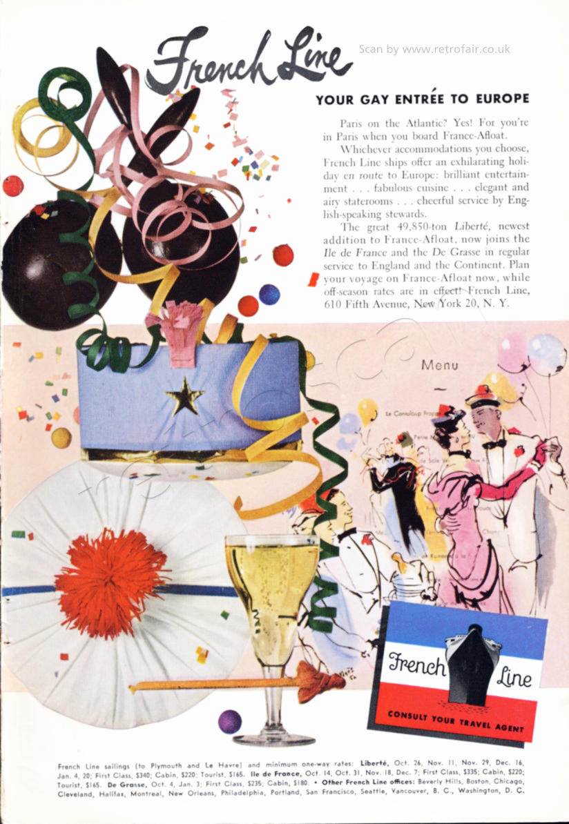 1950 French Line Cruises champagne and fruit