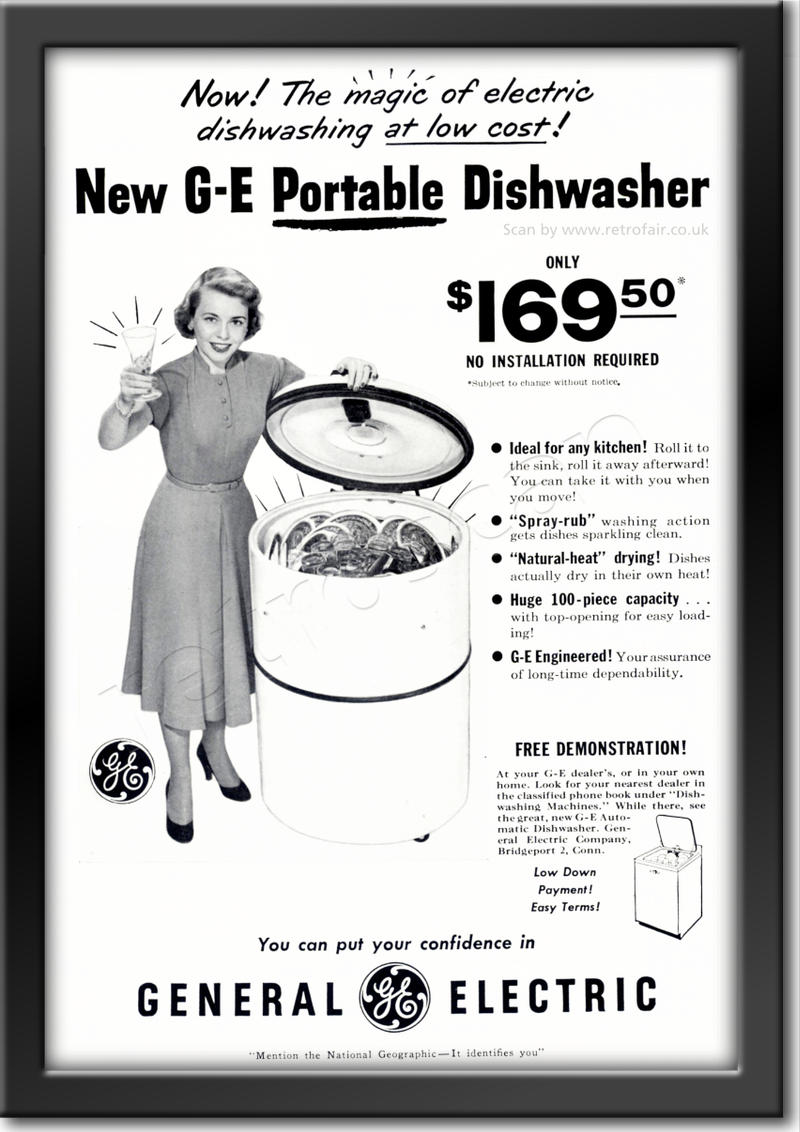 vintage 1950 General Electric Portable Dishwasher advert