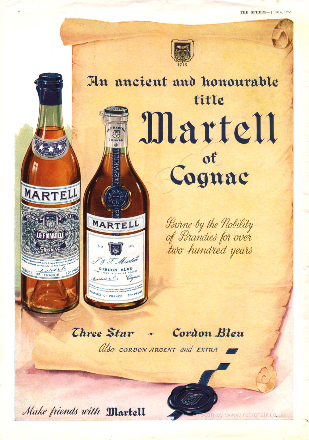 1953 Martell Brandy - unframed vintage ad