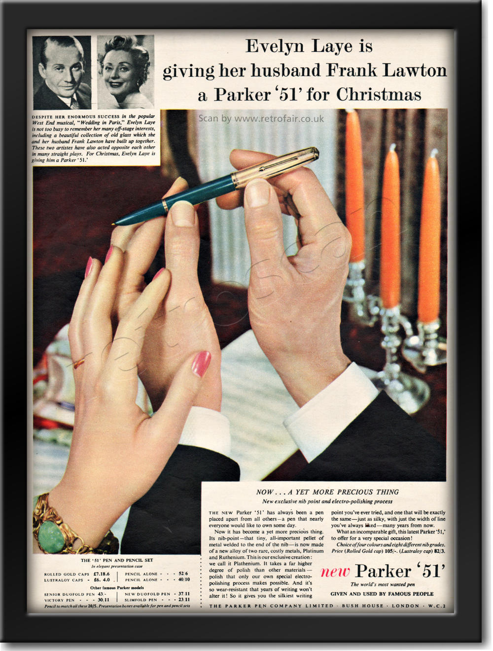 vintage 1954 Parker Pens  Evelyn Layne & Frank Lawton  advert