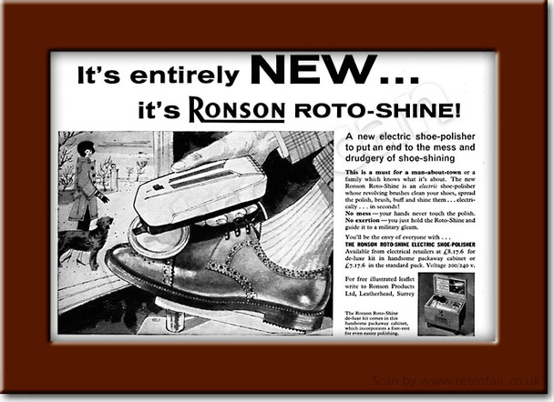 1960 Ronson Roto-Shine Shoe Polisher - framed preview vintage ad