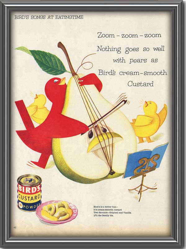 1956 Birds Custard Powder with red bird playing fruit cello vintage ad