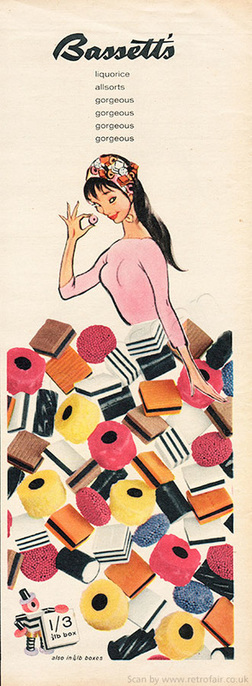 1958 Bassett's Liquorice Allsorts - unframed vintage ad