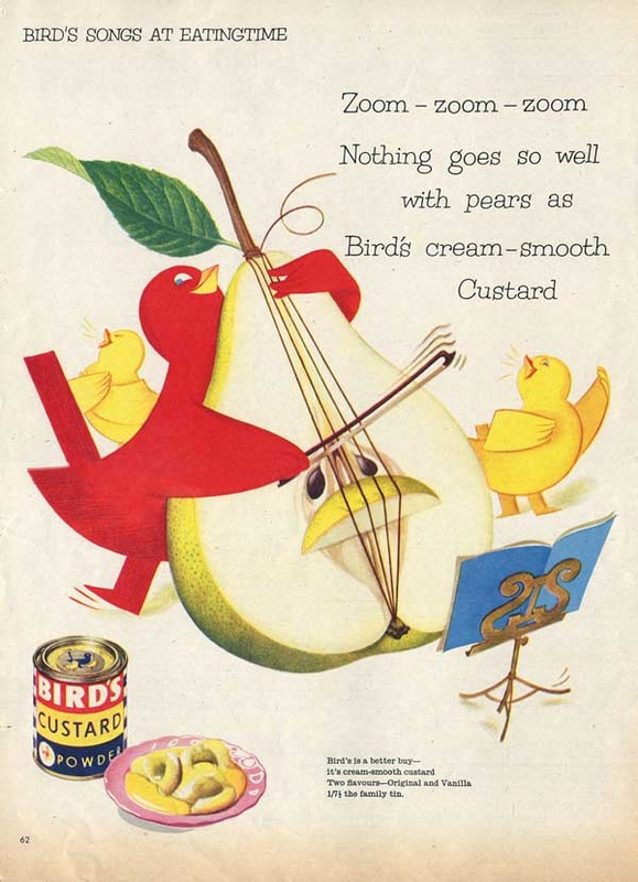 1956 vintage Birds Custard Powder Retro Ad Bird Playing Cello Pear advert