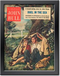 54 John Bull couple sheltering from the rain - framed vintage magazine cover