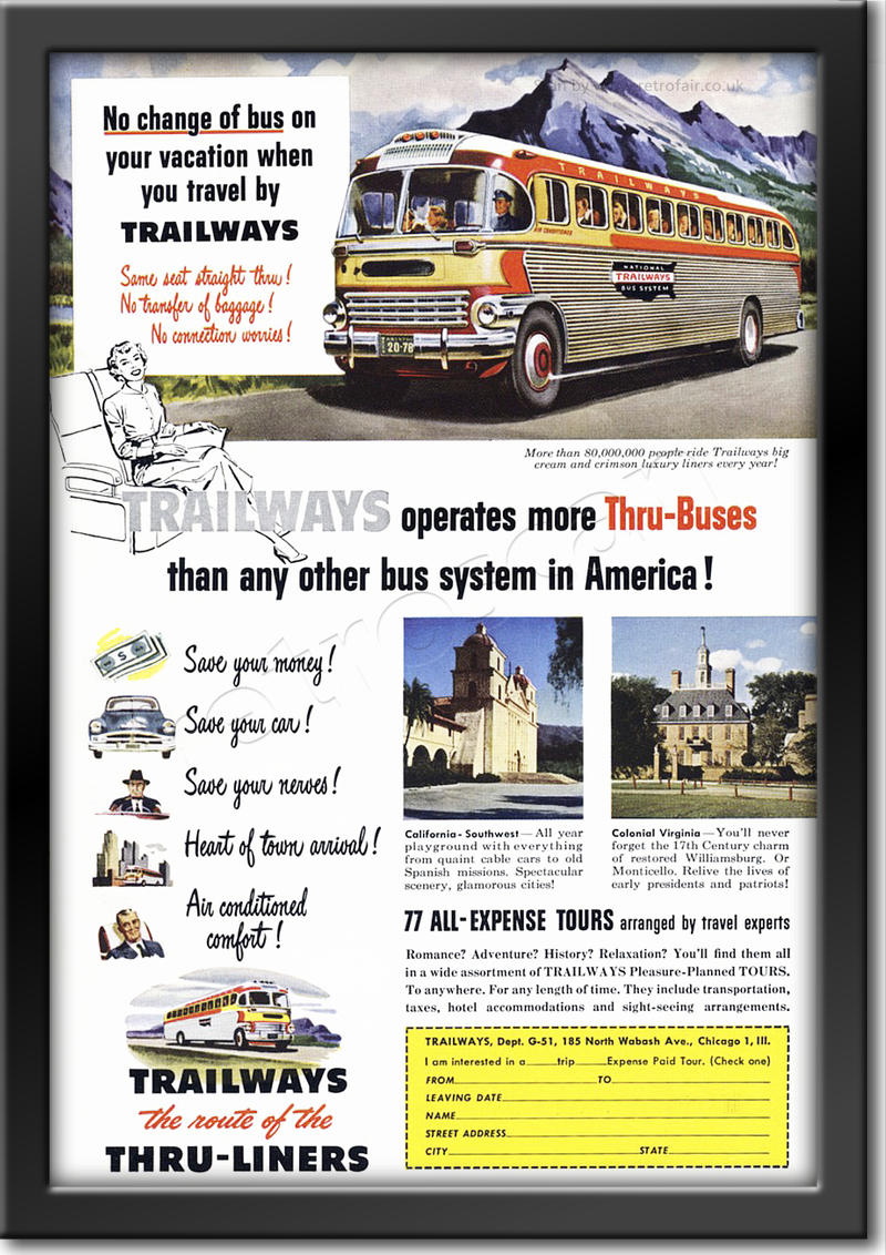 1951 vintage Trailways Thru-Liners advert