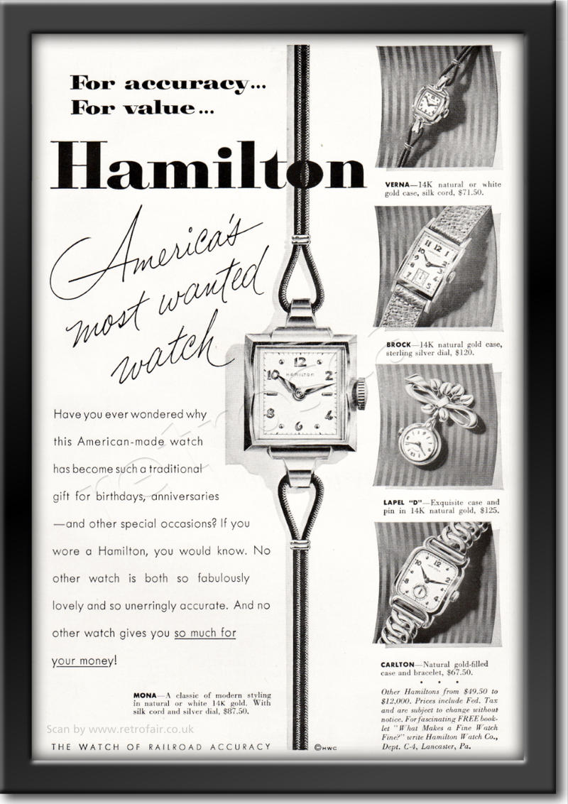 vintage 1952 Hamilton Watches ad