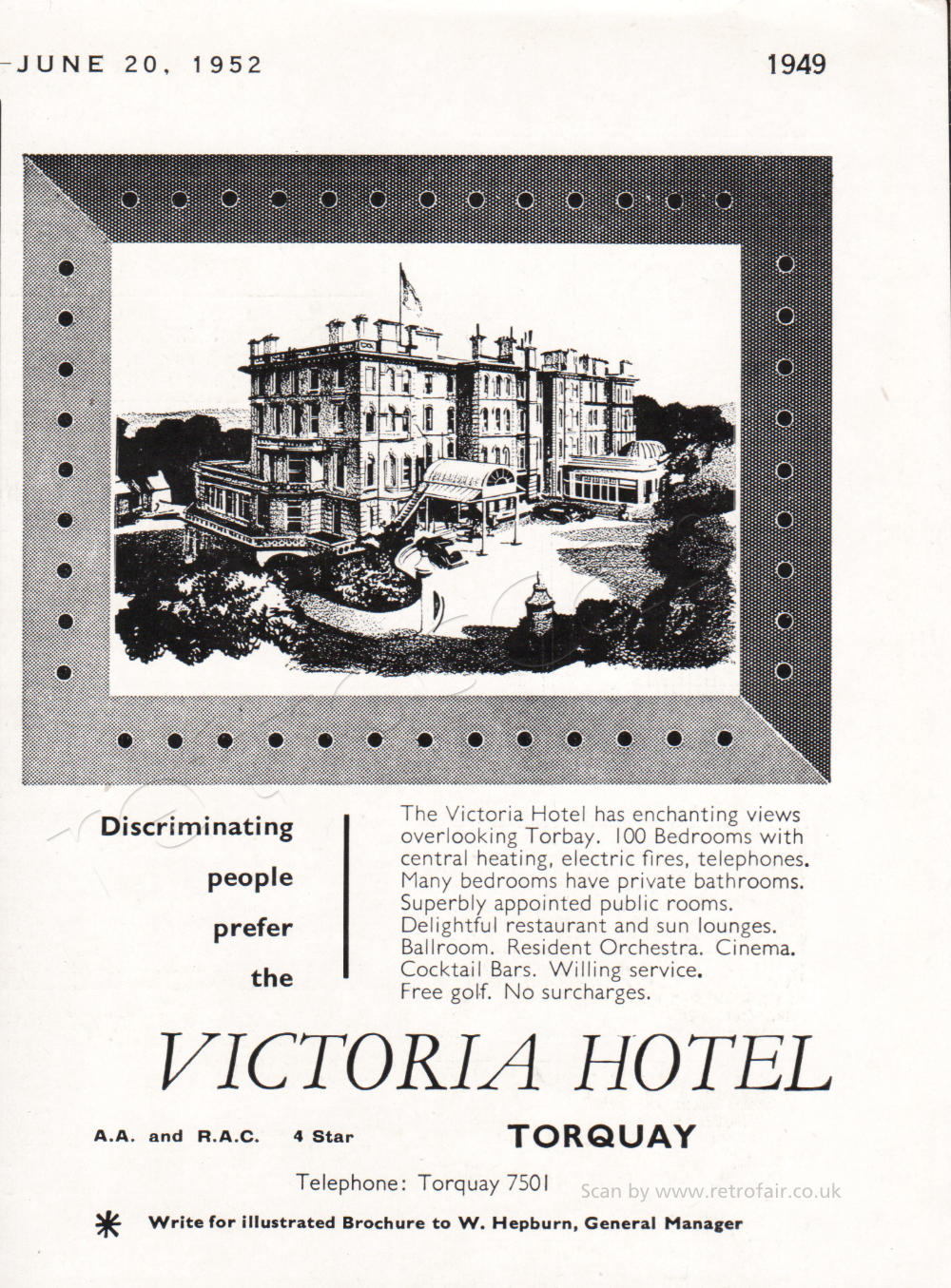 1952 Victoria Hotel Torquay - unframed vintage ad