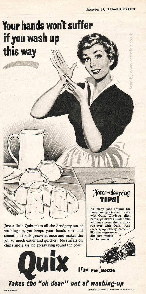 1953 Quix Washing Up Liquid vintage ad