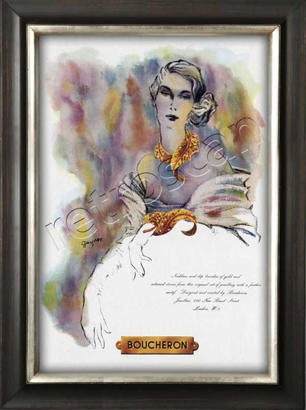 1952 House of Boucheron Jewellery Ad with portrait of woman and gold necklace