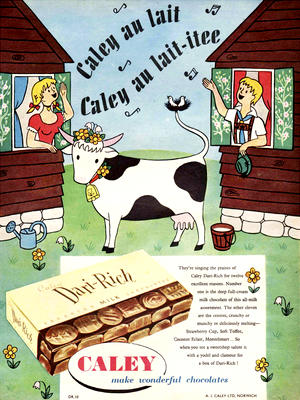1954 Caley Dari-Rich Milk Chocolates Cow Sheds - retro ad