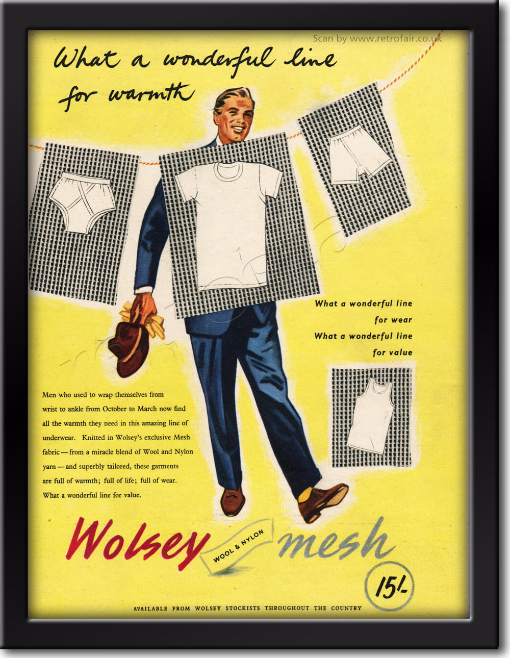 1954 Wolsey Men's Underwear on clothesline vintage ad