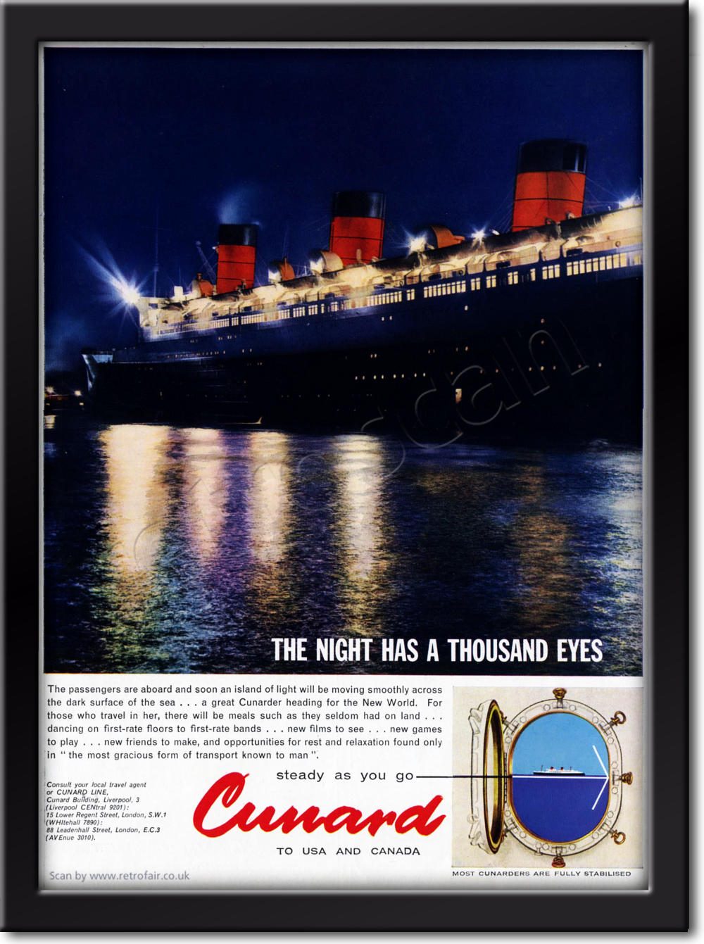 1961 Cunard Lines Nightime Cruise ship