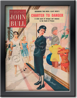 June 54 John Bull Police Woamn looking in window - framed vintage magazine cover