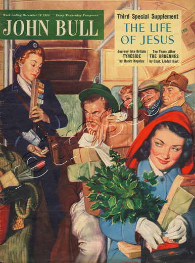 1955 John Bull Vintage Magazine christmas bus passengers - unframed