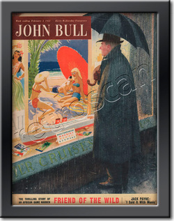 1955 February John Bull Vintage Magazine man looking at travel agent window  - framed example