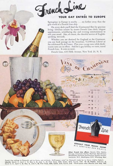1952 French Line Cruises champagne and fruit  - unframed