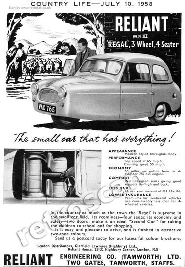 1958 Reliant Regal - unframed vintage ad
